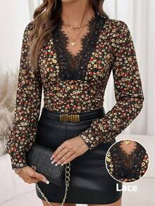 SHEIN Clasi Damen V-Ausschnitt Langarm Schwarz Spitzenbesatz Figurbetont Strick Elastisch Plissiert Elegant Lässig Pendeln Herbst/Winter T-Shirt - Verschiedenfarbig - Übersicht 5