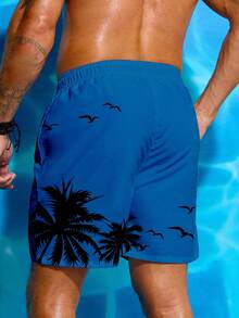 Manfinity KASUA Men's Vacation Palm Tree Print Drawstring Waist Pocket Beach Shorts - Royal Blue - View 2
