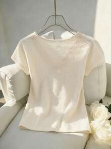 Franclia Women's Elegant Beige Summer T-Shirt,Lace-Collared Short-Sleeve Waffle Fabric Tops,Casual Vacation Tea Party Tops,Commuter Fashion Knit - Apricot - View 2