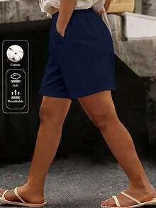 EMERY ROSE Plus Size Casual Vacation Bohemian Style Button Pocket Comfortable Linen Shorts - Navy Blue - View 1