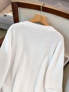 GlowEve CURVE Plus Size Elegant Asymmetrical Shoulder Contrast Color Long Sleeve Cardigan Sweater - White - View 10