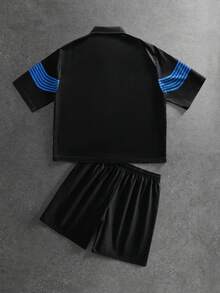 ROMWE MEN Conjunto de camisa y pantalones cortos con estampado de rayas para hombre, talla grande, primavera/verano - Negro - Ver 2