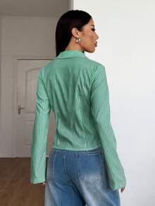 SHEIN Unity 法式修身藍白條紋長袖優雅女式辦公襯衫秋季女裝上衣 - 綠色 - 查看 2