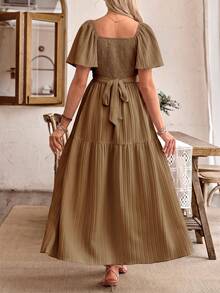 SHEIN Women's Casual Ruffle Sleeve Bow Back Design Maternity A-Line Dress - Brown - View 2