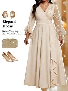 Fleurora Gaun Tradisional Elegan Wanita Ukuran Besar dengan Motif Patchwork Bunga Jala Lengan Lonceng dan Pinggang Berkerut untuk Pernikahan Musim Gugur, Gaun Formal untuk Tamu Pernikahan, Warna Beige. - Khaki - View 3