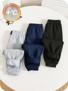 SHEIN 男嬰秋季 3 件組保暖內裡加厚純色運動長褲慢跑褲套裝，舒適百搭休閒時尚簡約日常穿搭，適合秋冬室內、戶外、滑雪、日常運動、派對、拍照 - 彩色 - 查看 3