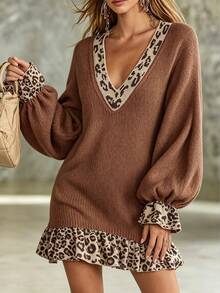 SHEIN Women's V-Neck Colorblock Casual Daily Knit Dress - Brown - View 4