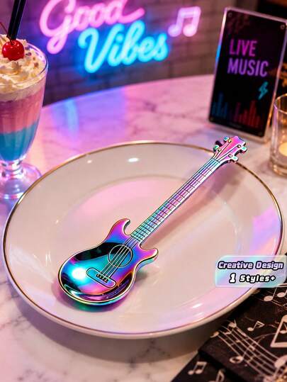 1 Stück silberner kreativer gitarrenförmiger Löffel, geeignet für Kaffee, Tee, Desserts, Eiscreme - Edelstahl Küchenutensil, Küchenware, Tischware
