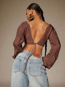 Denimoi Cropped Fringe Bell Sleeve Top Festival Outfits Concert Outfits Vacation Outfits Sexy Tops - Brown - View 4