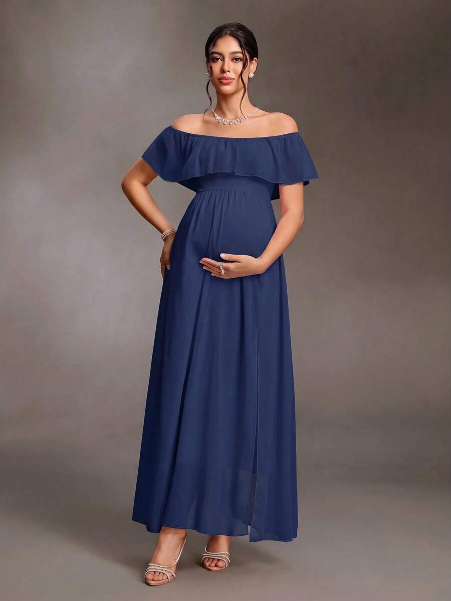 Cheriluna Maternity Elegant Off-Shoulder Ruffle Sleeve Side Slit A-Line Chiffon Maternity Dress - Navy Blue - View 1
