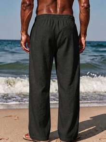 VIVINTIMO Men's Solid Color Drawstring Waist Pocket Loose Casual Sweatpants - Black - View 2