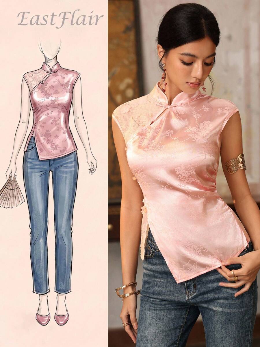 EastFlair Women's New Chinese Style Summer Top, Jacquard Satin Fabric With Contrast Embroidery 3D Floral Fabric, Asymmetric Collar Design Cheongsam Buttons Pink - Pink - View 1