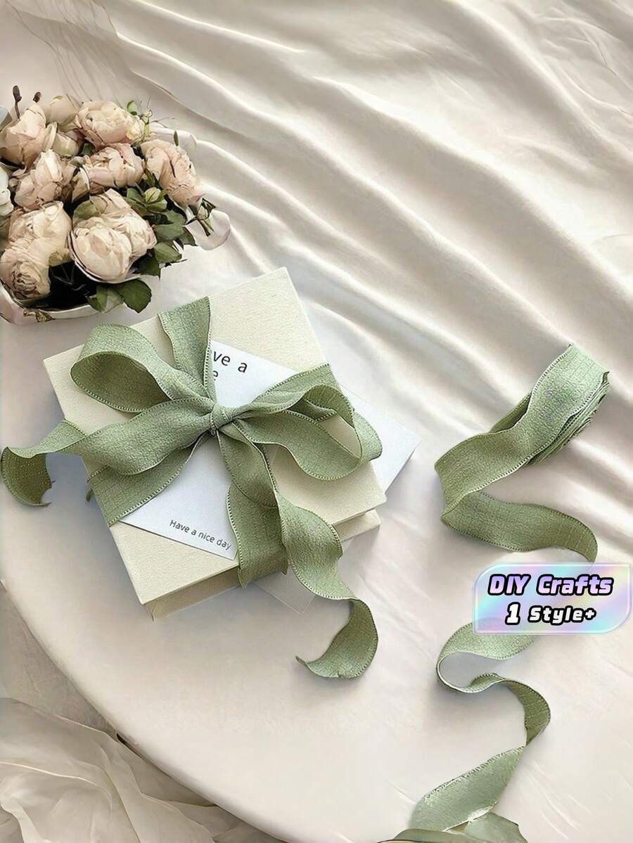 Matcha Green Ruffled Ribbon For Gift Wrapping Party Decor, Stretchy Elastic Floral Ribbon For Wedding Bouquet DIY Bow Crafts, Boho Chic Hair Ties & Graduation Party Supplies - Green - View 1
