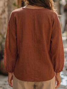 EMERY ROSE Women's Woven Casual V-Neck Fall Blouse - Orange - View 3