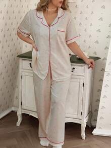 CottageSlumber Bubble Textured Bow Heart Print Lapel Front Button Short Sleeve Long Pants Plus Size Pajama Set Night Pink Summer - Multicolor - View 7