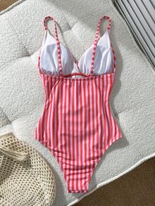 Swim Vcay 紅色與粉色垂直條紋 V 領細肩帶抓皺腰部連身泳衣，女款復古顯瘦度假泳裝 - 紅色 - 查看 3