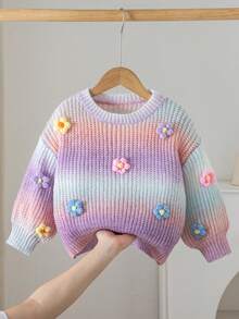 SHEIN 女童手工花卉漸層針織毛衣，可愛休閒圓領燈籠袖套頭衫，秋季款 - 彩色 - 查看 1