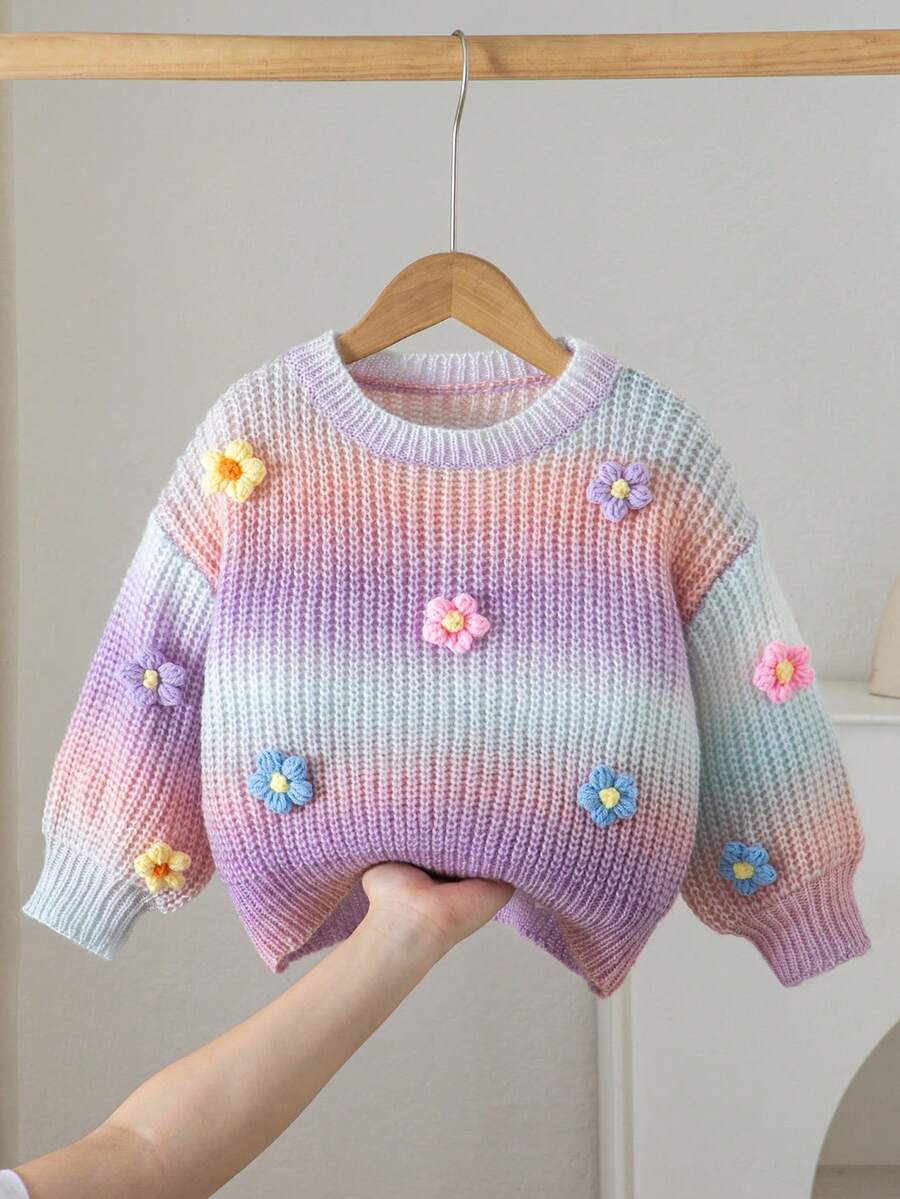 SHEIN 女童手工花卉漸層針織毛衣,可愛休閒圓領燈籠袖套頭衫,秋季款 - 彩色 - 查看 1