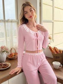 Snug Reverie Solid Color Ice Silk Patchwork Lace Romantic Cute Kawaii Tie Long Sleeve Long Pants Women's Loungewear Set Lounge Sleep Light Pink Autumn - Pink - View 5