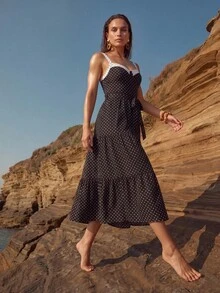Swim Chiccia Gaun Musim Panas Motif Polkadot Hitam Putih Kontras dengan Tali Bahu Tipis - Hitam - View 4