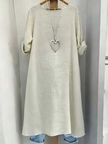 EMERY ROSE 大码女式衬衫 春夏时尚休闲简约度假风纯色圆领可调节长袖长款衬衫 大码女式沙滩装 - 灰色 - 查看 3