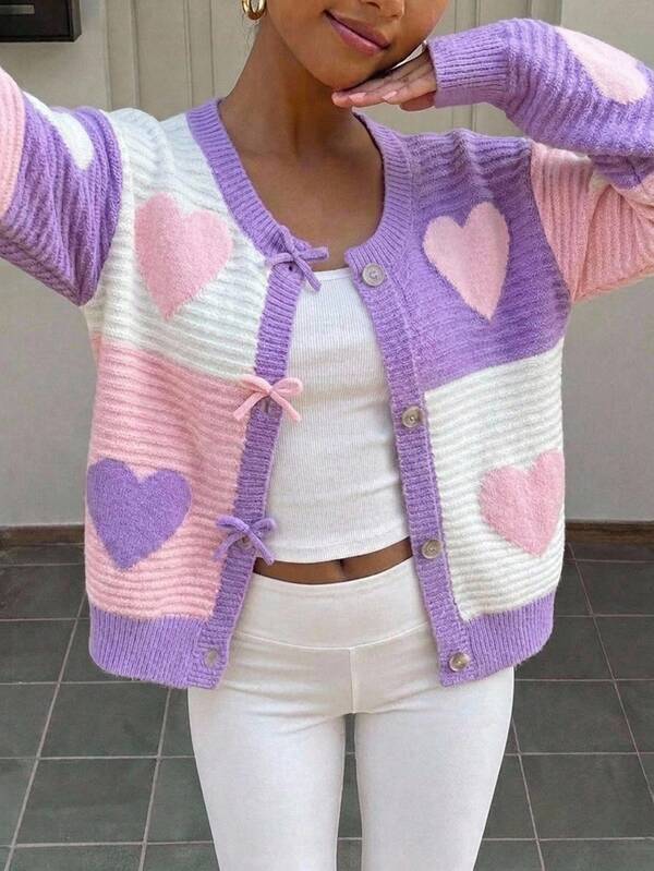 SHEIN Tween Girls Cardigans Multi-Color Heart Fuzzy Jacquard Round Neck Cardigan Fuzzy Heart + Handmade Knitted Bow + Button Long Sleeve Short Knit Sweater Soft And Comfortable Suitable For Spring Autumn Winter Seasons Suitable For Daily Wear, Suitable For Outings Travel Vacation Home, Suitable For Daycare Scenes Suitable For Children Play And Wear