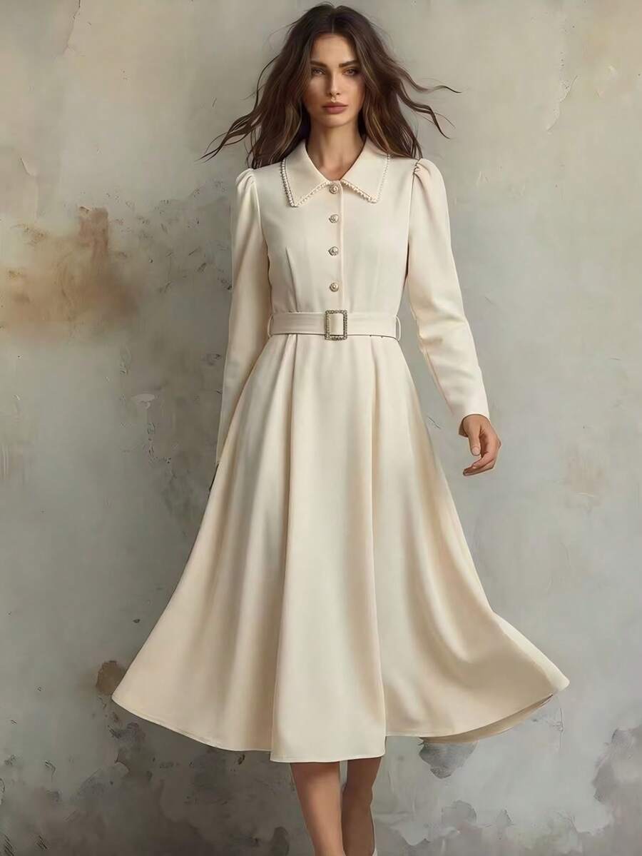 Franclia Women's Cream White Elegant Minimalist Commuter Dress,Autumn Long Sleeve Mid-Length Tea Party Dress With Metal Buckle,Collar Rhinestone Decoration - Apricot - View 1