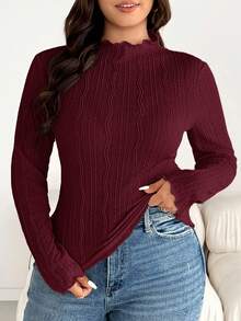 SHEIN Essnce تي شيرت خريف كاجوال بمقاس كبير لون موحد نسيج طويل الأكمام - عنابي اللون - مشاهدة 2
