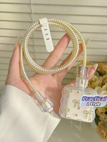 Set Pengisi Daya Mewah dengan Desain Pita Emas Mengkilap & Mutiara, Pengisi Daya 20W/18W, Pelindung Kabel Pengisi Daya, Penutup Kepala Pengisi Daya, Kompatibel dengan iPhone - Emas - View 1