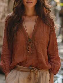 EMERY ROSE Women's Woven Casual V-Neck Fall Blouse - Orange - View 5