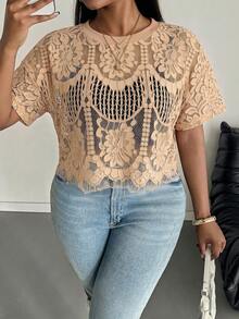SHEIN PETITE CURVE 夏季度假女款花卉刺繡時尚上衣 - 卡其色 - 查看 4