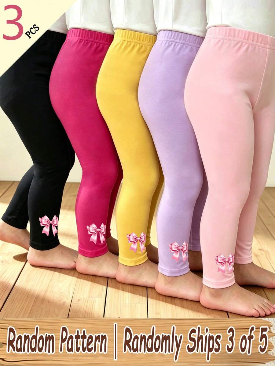 (5 piezas aleatorias, se envían 3 piezas) Leggings básicos de color para niña bebé con estampado de lazo de cinta rosa, pantalones de uso diario para primavera, verano, otoño e invierno - Multicolor - Ver 1