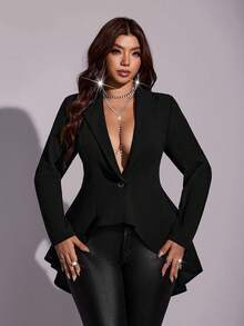 Viva Relle Plus Size Sexy Asymmetrical Hem Blazer - Black - View 5