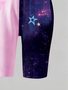2件套女童时尚星星字母印花撞色短袖上衣和短裤套装，适合夏季外出穿着 - 彩色 - 查看 4