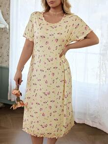 CottageSlumber Jacquard Knit Ditsy Floral Plus Size Short Sleeve Nightgown - Yellow - View 1