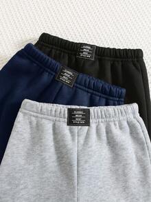 SHEIN 男嬰秋季 3 件組保暖內裡加厚純色運動長褲慢跑褲套裝，舒適百搭休閒時尚簡約日常穿搭，適合秋冬室內、戶外、滑雪、日常運動、派對、拍照 - 彩色 - 查看 4