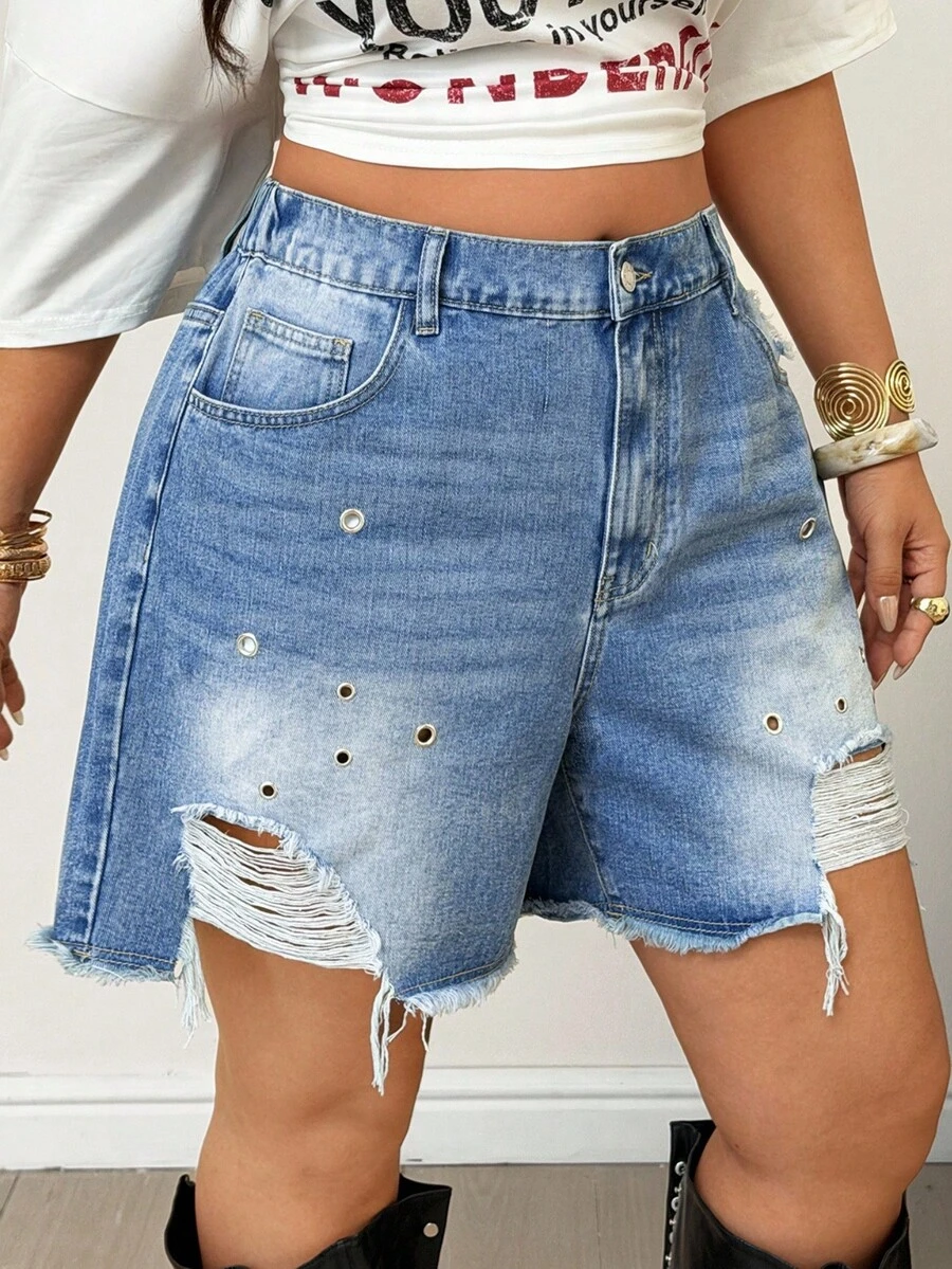 Jeanoix Y2K Casual 90s Plus Size Women's Fashion Washed Distressed Eyelet Summer Shorts Vacation Light Blue - Medium Wash - View 1