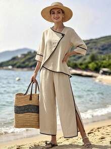 Breezaya Women's Elegant Tropical Vacation Casual Patchwork Beige 2 Pieces Set Beach Vacation Summer - Apricot - View 3