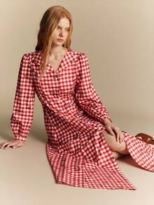 SHEIN Women's Elegant Red Plaid Print Long Sleeve Full Skirt Button Dress - Red - View 7