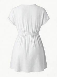 Swim Vcay Women's Summer Beach Bohemian Style V-Neck Large Ruffle Batwing Sleeve Elastic Waist Tie Vacation Cover-Up Dress - White - View 8