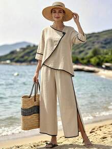 Breezaya Women's Elegant Tropical Vacation Casual Patchwork Beige 2 Pieces Set Beach Vacation Summer - Apricot - View 5