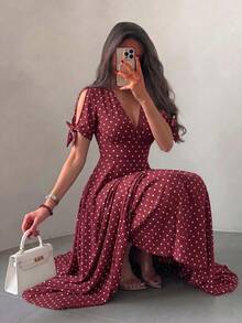 Celisse Women's Deep V-Neck Polka Dot Casual Romantic 1950s Vintage Party Vacation Travel Dress White Polka Dot Summer - Red - View 1