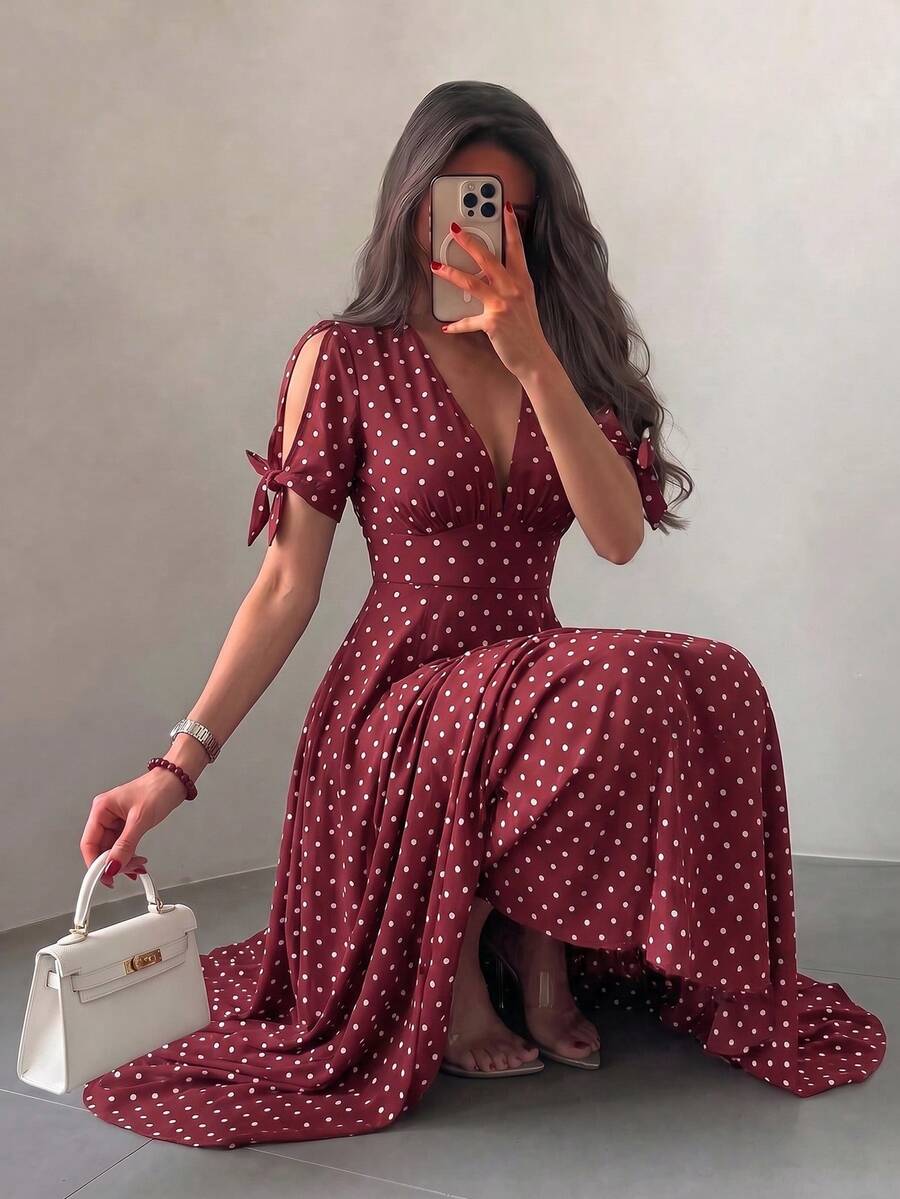 Celisse Women's Deep V-Neck Polka Dot Casual Romantic 1950s Vintage Party Vacation Travel Dress White Polka Dot Summer - Red - View 1