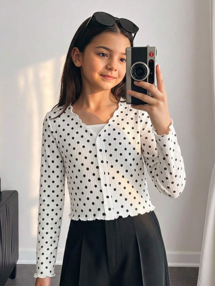 SHEIN Tween女孩時尚休閒針織波點秋季開襟衫 - 黑與白 - 查看 1
