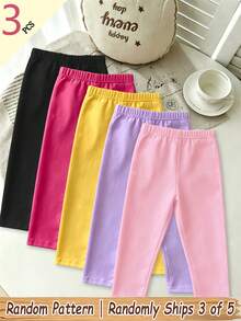 (5 piezas aleatorias, se envían 3 piezas) Leggings básicos de color para niña bebé con estampado de lazo de cinta rosa, pantalones de uso diario para primavera, verano, otoño e invierno - Multicolor - Ver 2