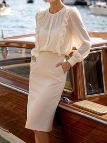 Balvessa Women's Apricot French Ruffle Chiffon Blouse, Lightweight Sheer Lantern Sleeve Top, Commute Vacation Gentle Style Versatile Shirt - Apricot - View 6
