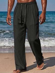VIVINTIMO Men's Solid Color Drawstring Waist Pocket Loose Casual Sweatpants - Black - View 3