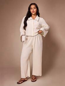 Lazeform Casual Colorblock Scalloped Lapel Button-Front Flared Long Sleeve Pants Plus Size Set - Apricot - View 5