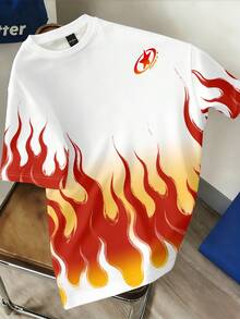 Manfinity Hypemode Men's Fashion Flame Print Contrast Color Crew Neck Short Sleeve T-Shirt - Red - View 1