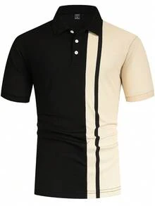 Manfinity Homme Camisa polo de trabajo y casual con bloqueo de color y botón de cuarto para hombre, regalo para el novio - Negro - Ver 7